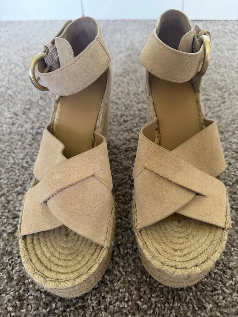 Marc Fisher Nude Suede Crisscross Espadrille Wedges